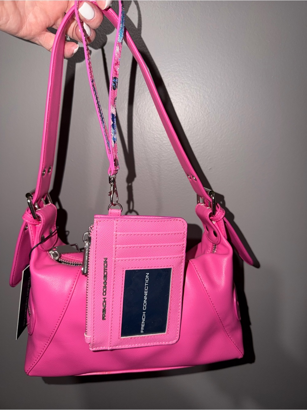 French Connection Vibrant Pink Shoulder Bag with Wrislet Card Holder